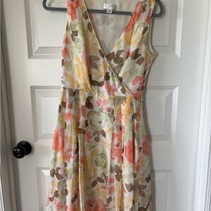 LOFT Floral V-Neck Midi Dress in Pink and Green